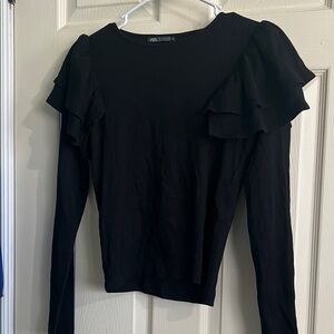 NWT Zara Black Long-Sleeve ribbed Top with Layered Shoulder Ruffles